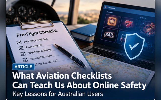 Pre-flight checklist on a clipboard next to a laptop showing an online safety shield