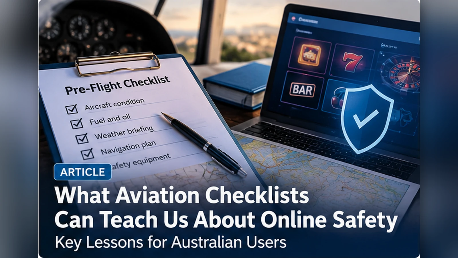 Pre-flight checklist on a clipboard next to a laptop showing an online safety shield