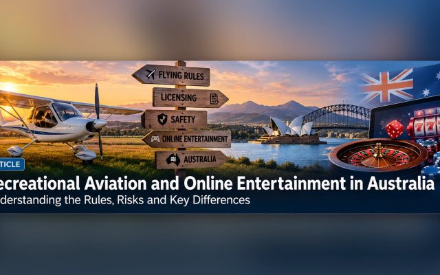 Ultralight aircraft at sunset beside signposts for flying rules, licensing, safety and online entertainment in Australia