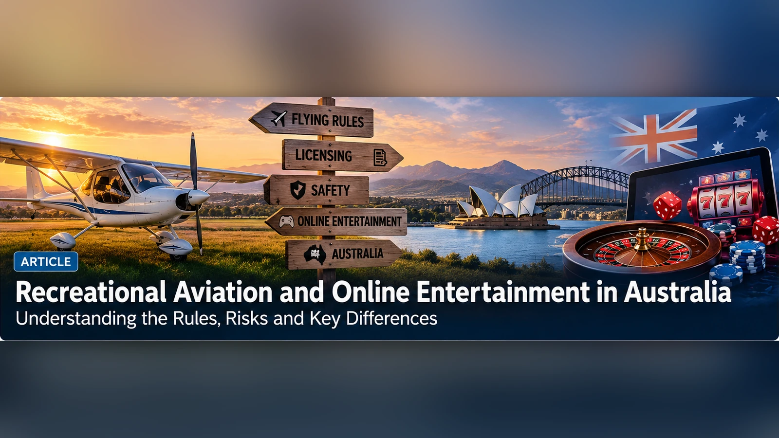 Ultralight aircraft at sunset beside signposts for flying rules, licensing, safety and online entertainment in Australia